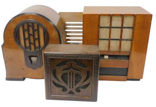 Two walnut radio cases, Art Deco design, 50cm high. WARNING! This lot contains untested or...