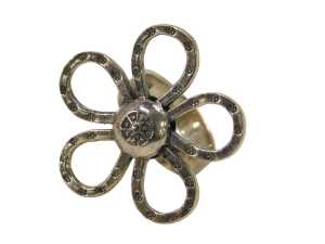 A flower dress ring, the elaborate five petal flower, 3cm wide, on a plain band stamped 925,...