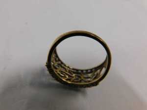 A 9ct gold dress ring, set with pale purple stones, with vine design centre, and round brilliant... - 2