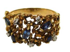 A 9ct gold abstract style dress ring, of waved and brushed design, set with five marquise cut...