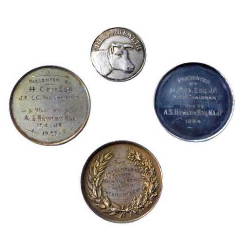 Two silver medallions, The Hertfordshire County Milk Society President's Cup medal 1924, won by...