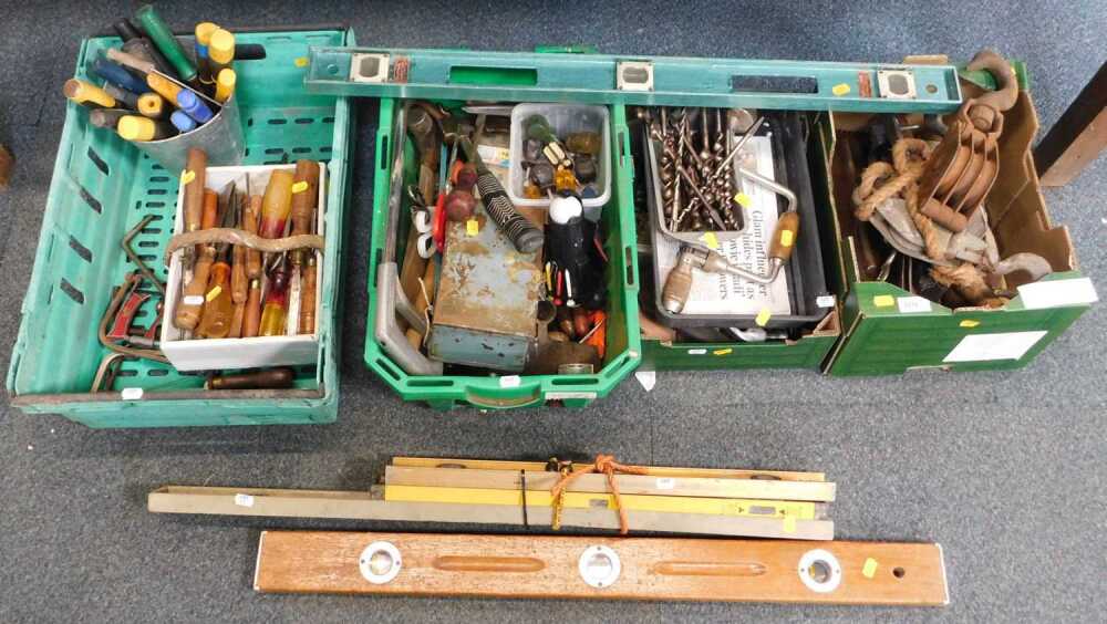 Tools Box Block Block A group of hand tools, to include a block and tackle, spirit levels ...