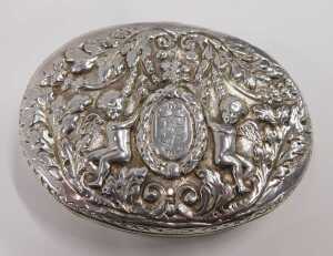 A William III Britannia silver box, of oval form, with removable lid, repousse decorated with... - 2