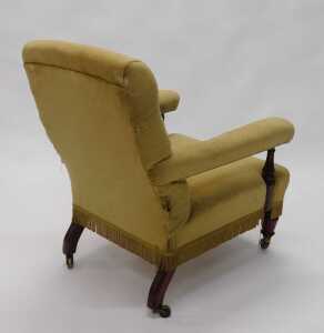 A 19thC mahogany framed library chair, with overstuffed back, arms and deep seat, with turned... - 3