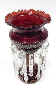 A Victorian ruby glass lustre, with moulded top, cylindrical stem, plain glass droppers,... - 2