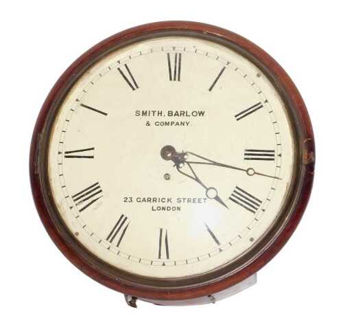 A 19thC mahogany wall clock, with 29cm diameter Roman numeric dial, in plain circular case,...