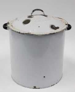 An early 20thC enamel bin and cover, marked EGGS, in black and white, with removable lid, 31cm... - 2