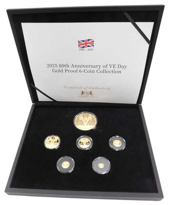 A Harrington & Byrne 80th Anniversary of VE Day gold proof six coin collection, dated 2025,...