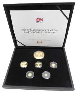 A Harrington & Byrne 80th Anniversary of VE Day gold proof six coin collection, dated 2025,...