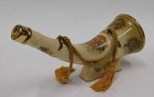 A Robyn Hoode Distilleries single malt whisky horn shaped pottery decanter, transfer printed, on... - 3