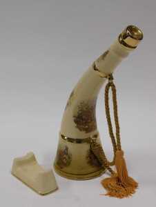 A Robyn Hoode Distilleries single malt whisky horn shaped pottery decanter, transfer printed, on... - 4