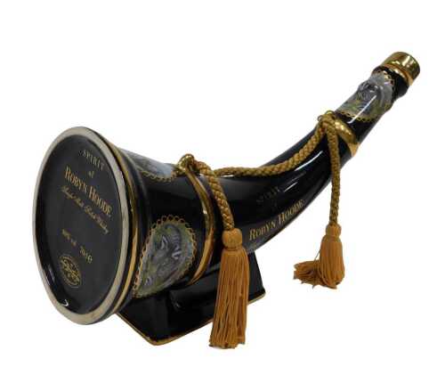 A Robyn Hoode Distilleries single malt whisky horn shaped pottery decanter, transfer printed...