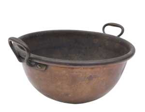 An early 20thC copper bowl, with fixed handles, 42cm wide.