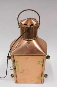 An early 20thC Toplight copper and brass ship's lantern, with glazed front, swing handle, later... - 3