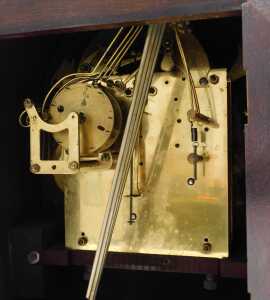 A 1920s mahogany cased eight day chiming mantel clock, with 13cm diameter Arabic chapter ring,... - 5