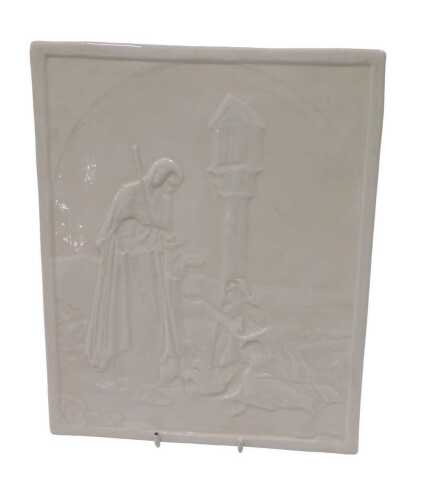A Belleek lithophane panel titled The Alms Giver, impressed Belleek and trademark to reverse,...