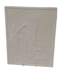 A Belleek lithophane panel titled The Alms Giver, impressed Belleek and trademark to reverse,...