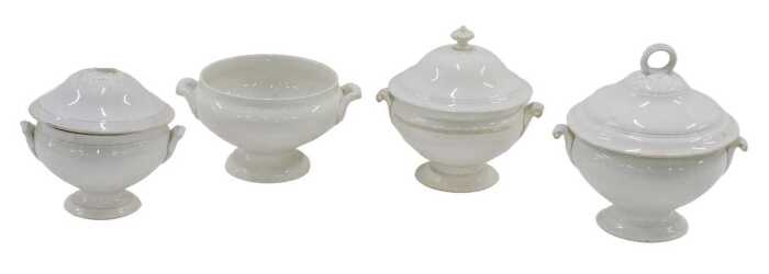 Three late 19th/early 20thC cream glazed tureens and covers, two with scroll handles, the other...