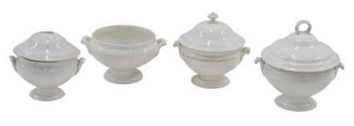 Three late 19th/early 20thC cream glazed tureens and covers, two with scroll handles, the other...