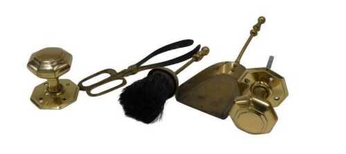 Various brassware, door knobs, fireside companion set, including brush, 26cm high, etc., in...