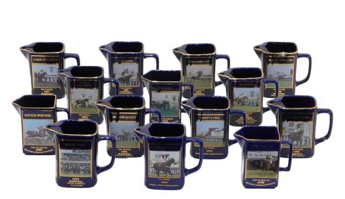 A set of Seton pottery Grand National Winner's jugs, with gilt highlights, to include Void Race,...