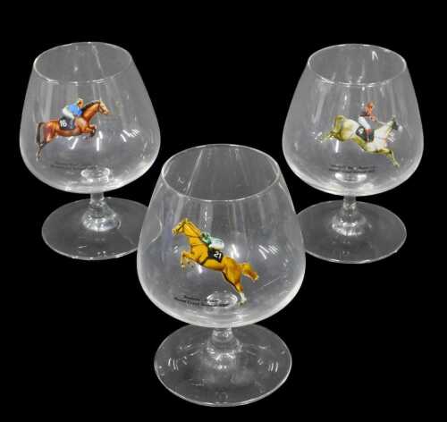 Three boxed Grand National brandy glasses, printed with various horses, to include Bindaree 2002...