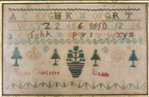 A 19thC alphabetic, numeric and pictorial sampler, by Eliza Charlotte Ladds, 12cm x 18cm, glazed...