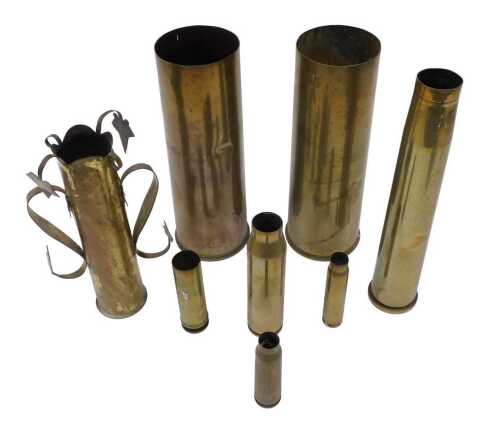 Various brass shell cases, trench art, etc., vases, bullet cases, shells, 26cm high, etc., many...