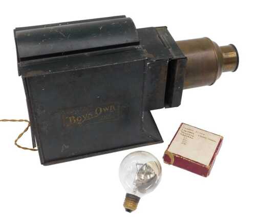 A late 19thC Butcher's Boys Own Magic Lantern slide projector, 29cm high, with spare bulb and...