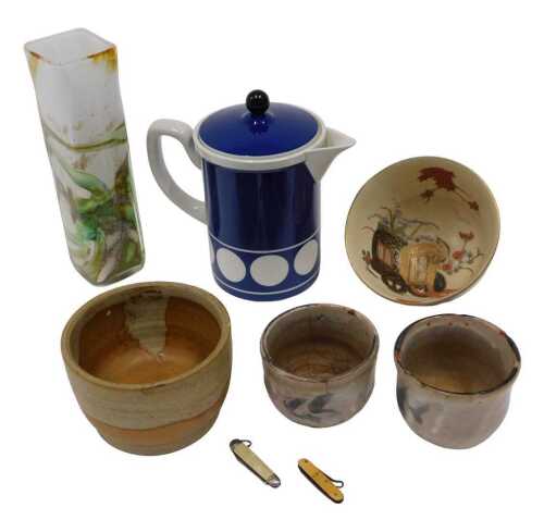 Various pottery, glassware and effects, Satsuma bowl, 15cm diameter, Studio pottery bowl, TG...