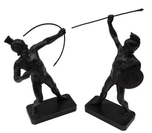 Two 20thC bronze figures of Roman warriors, one holding bow, 18cm high, the other spear and...