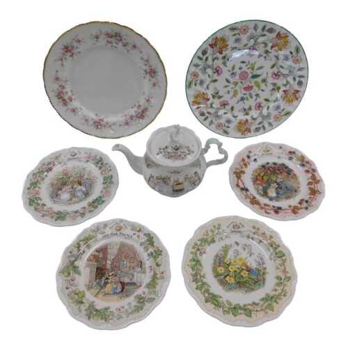 Various Brambly Hedge, pottery tea service teapot, Mr Apple, 19cm high, four plates, Minton...