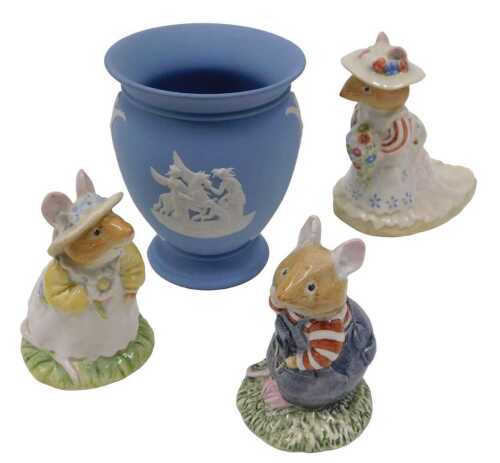Wedgwood blue Jasperware vase, various Royal Doulton figures, Brambly Hedge Poppy Eye Bright,...