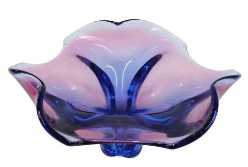 A mid 20thC Murano style vase, with flared rim, in blue and pink, 33cm wide.