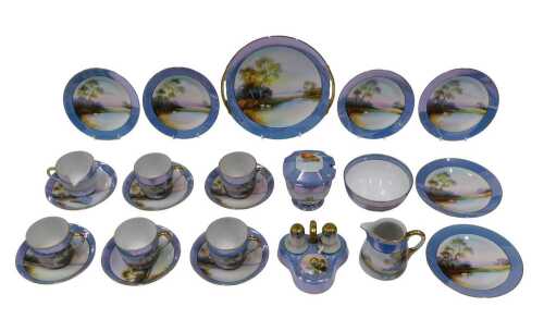 A 20thC Noritake part tea service, polychrome decorated with swans and trees on calm waters, to...