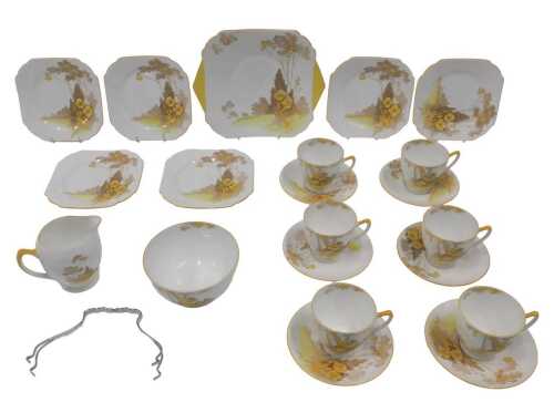 A mid 20thC Shelley X122066 Phlox Yellow Trim pattern tea service, to include sandwich plate,...