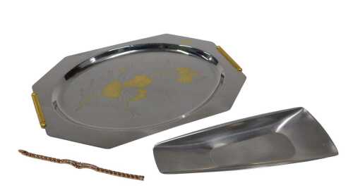 A Georg Jensen design boxed sugar bowl, Danish style stainless steel dish, 23cm wide, etc. (a...