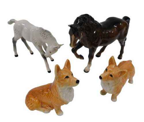 Various Beswick figures, etc., brown horse front leg raised, 15cm high, grey foal and a Sylvac...