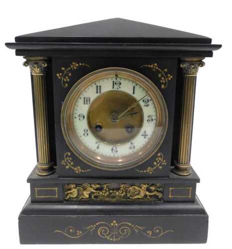 A 19thC slate marble mantel clock, of architectural design, the 10cm diameter Arabic dial...