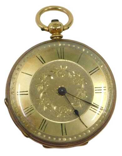 A 19thC fob watch, with a gilded silver Roman numeric dial and a central flower scroll detail,...