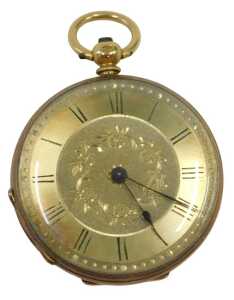 A 19thC fob watch, with a gilded silver Roman numeric dial and a central flower scroll detail,...