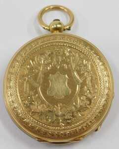 A 19thC fob watch, with a gilded silver Roman numeric dial and a central flower scroll detail,... - 2