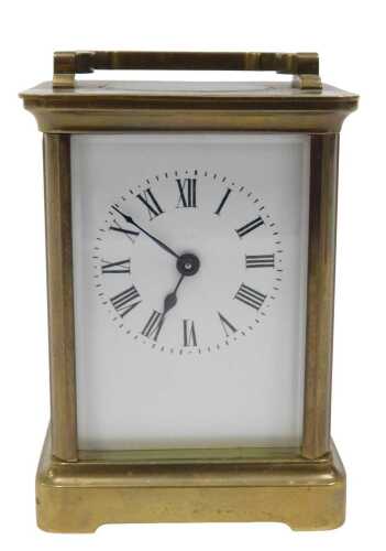 A 20thC brass carriage clock, with 5cm wide back plate, with Roman numeric dial, in a five piece...