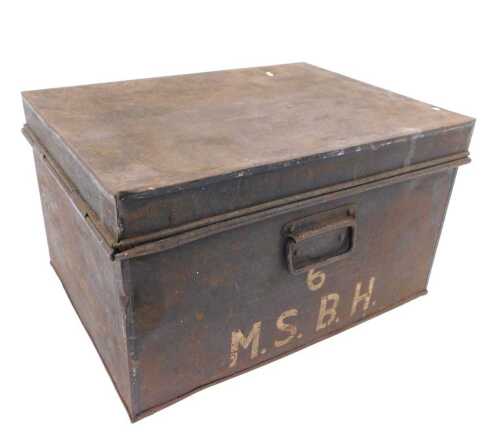 An early 20thC tin deeds box, of rectangular small proportion, marked MSBH, with front carrying...