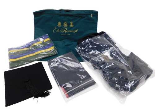 An Ede & Ravenscroft graduation gown, to include mortar board, carrying bag, various other items,...