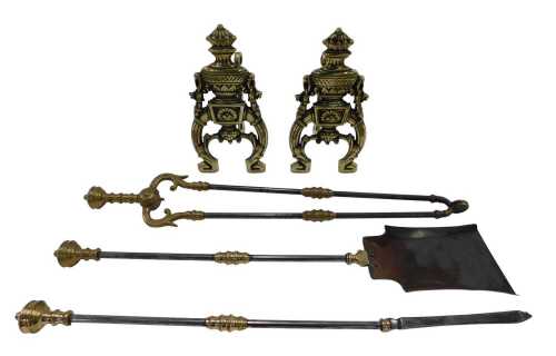 A fireside companion set, comprising a pair of andirons, with urn and floral design, and a...
