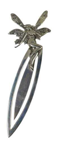 A 20thC bookmark, headed by a fairy, white metal marked 925, 10cm high, in Walsh Brothers box.