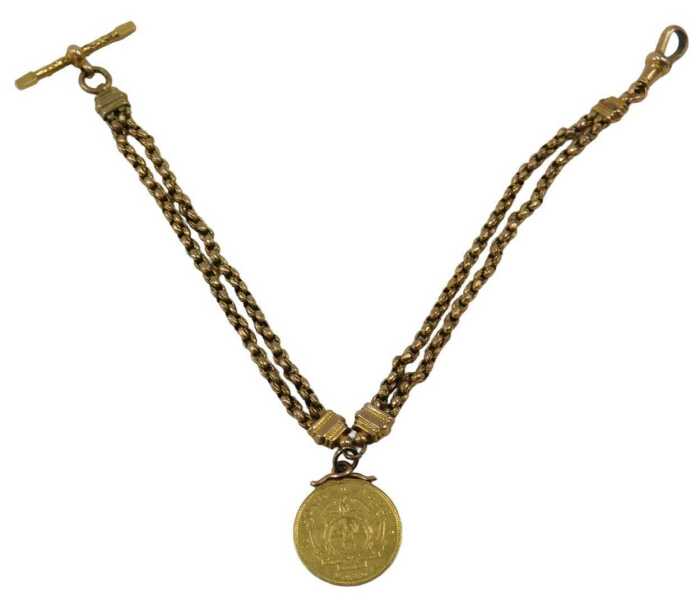 A South Africa Half Pond gold coin bracelet, the coin on a yellow metal mount, on a 19thC two...