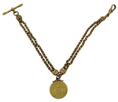 A South Africa Half Pond gold coin bracelet, the coin on a yellow metal mount, on a 19thC two...