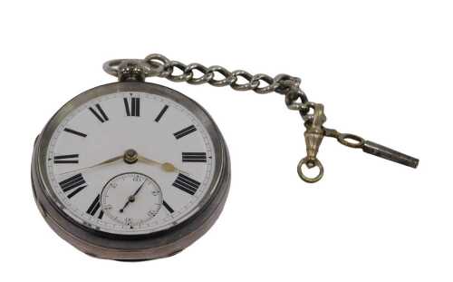 A Victorian silver open faced pocket watch, with 5cm diameter enamel Roman numeric dial,...